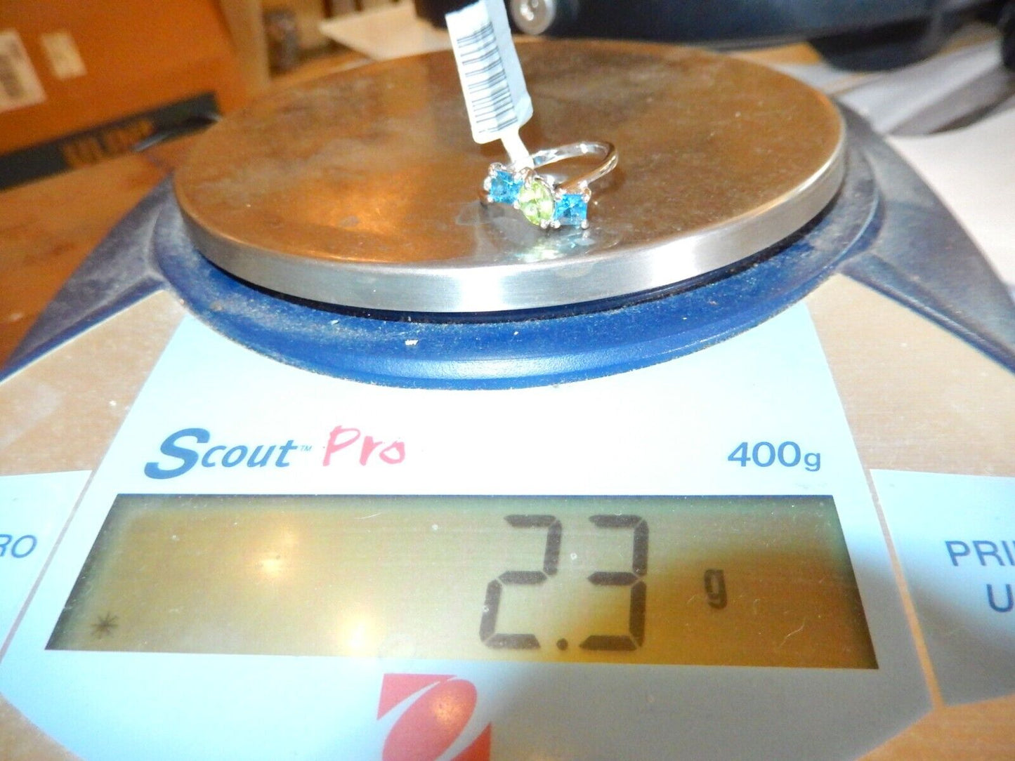 *VINTAGE* Sterling Silver London Blue Topaz & Peridot Three Stone Ring Sz 8