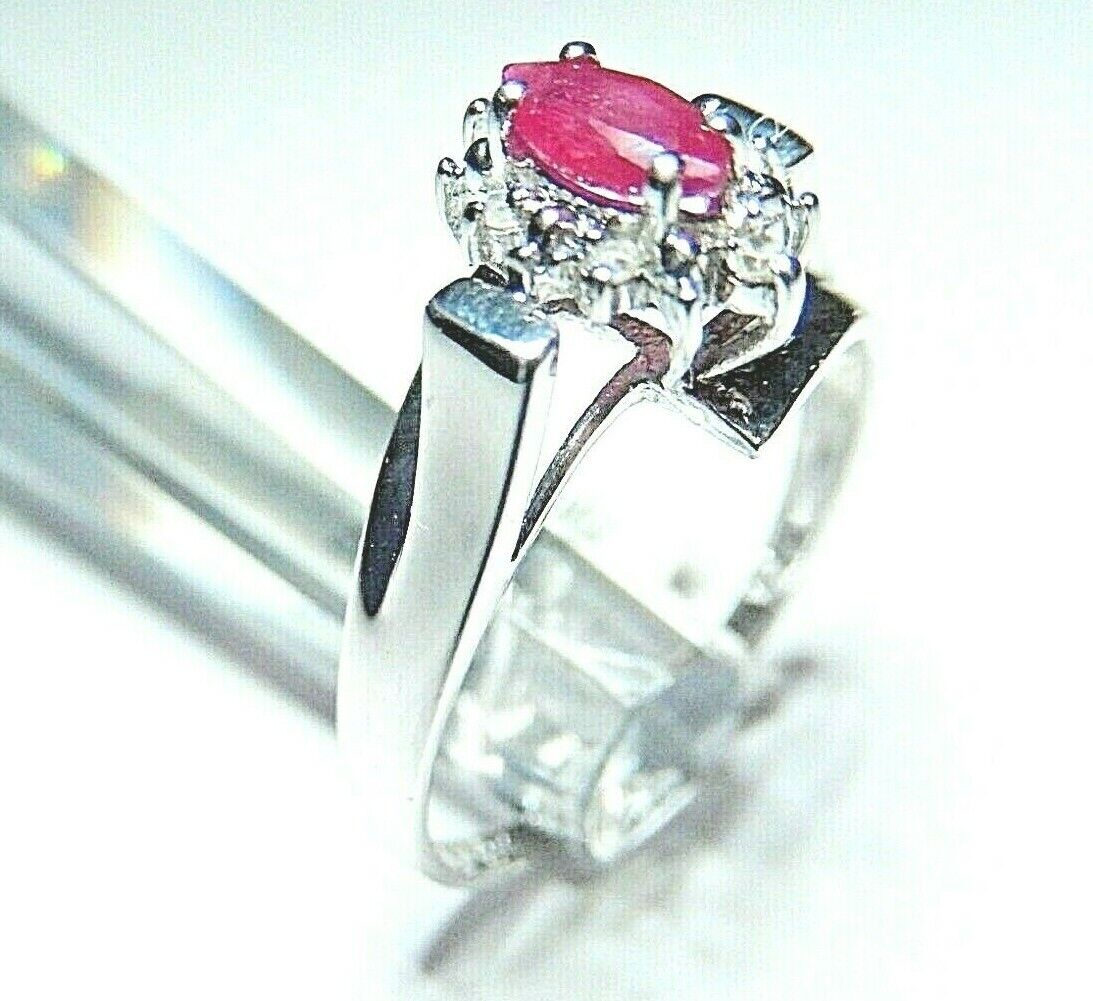*NWT* 14K WHITE GOLD NATURAL MARQUISE RUBY AND DIAMOND HALO RING SIZE-7.5