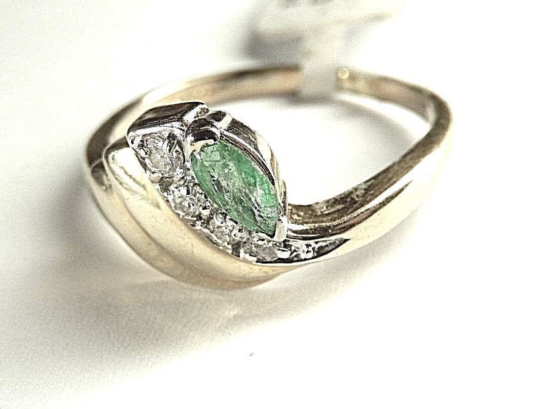 14K Yellow Gold Natural Marquise Green Emerald And Natural Diamond Ring Sz 8.5