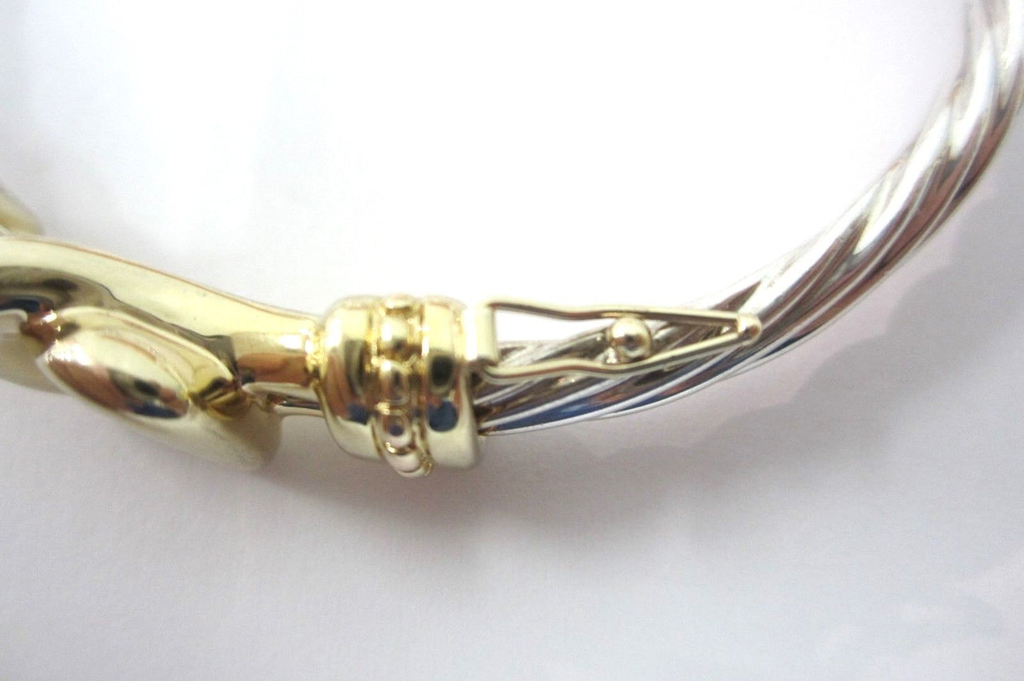 14k Yellow Gold & 925 Sterling Silver Bangle Buckle Cable Bracelet