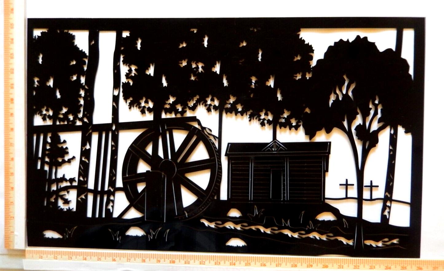 ~NEW~ 14ga. LARGE "OLD WATER WHEEL FARM SCENE" Black Gloss Metal Art 26"x 15.5"