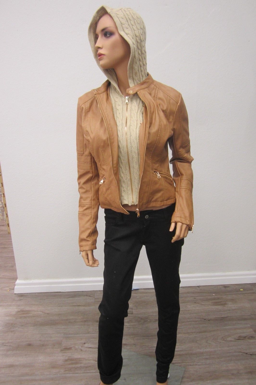 *MINT* PAPAYA CUTE WOMEN'S FAUX LEATHER HOODED FULL ZIP JACKET Size Small