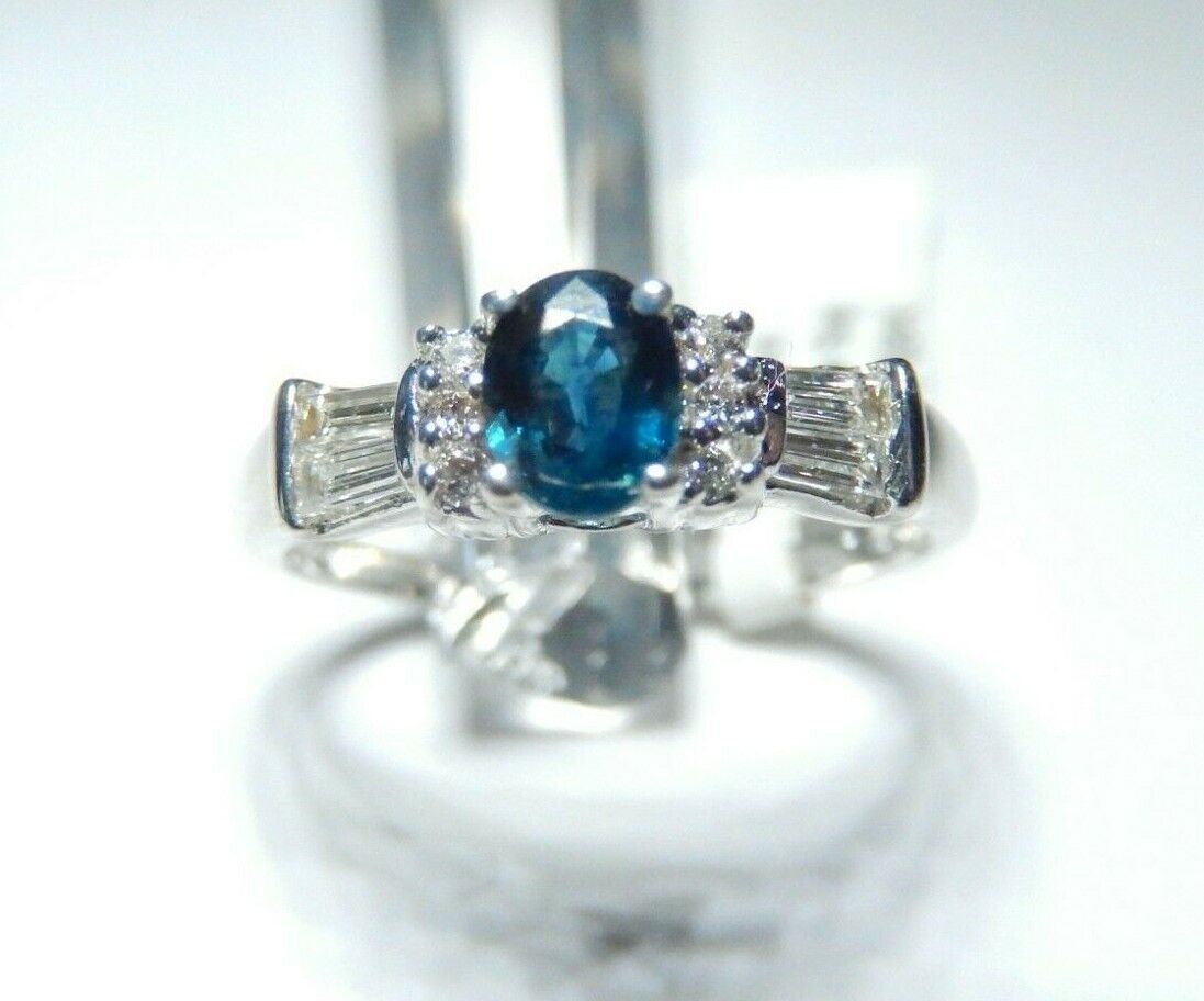 *NWT* 14K White Gold Natural Blue Sapphire & Baguette Cut Diamond Ring Sz 7.25