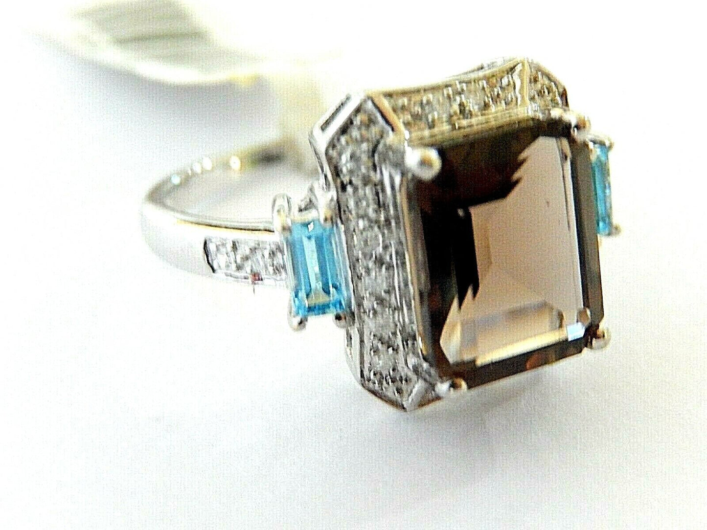 14K White Gold Smoky Quartz / Blue Topaz & Diamond Halo Ring Size 7.5