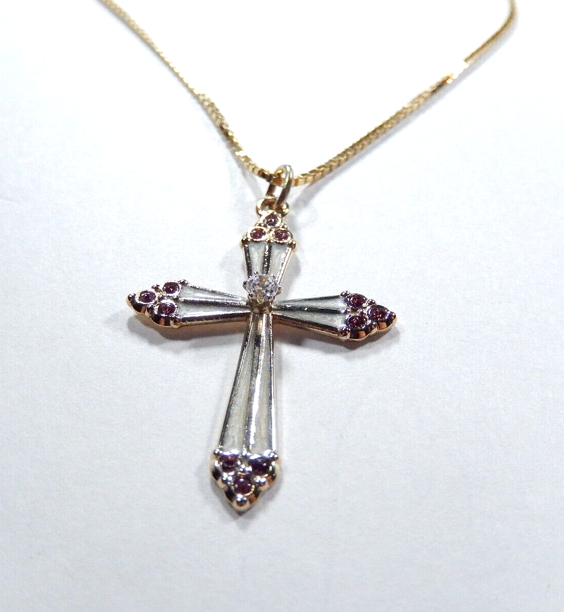 Lovely Gold Vermeil 925 Sterling Silver Cubic Zirconia & Amethyst Cross w/18"chn
