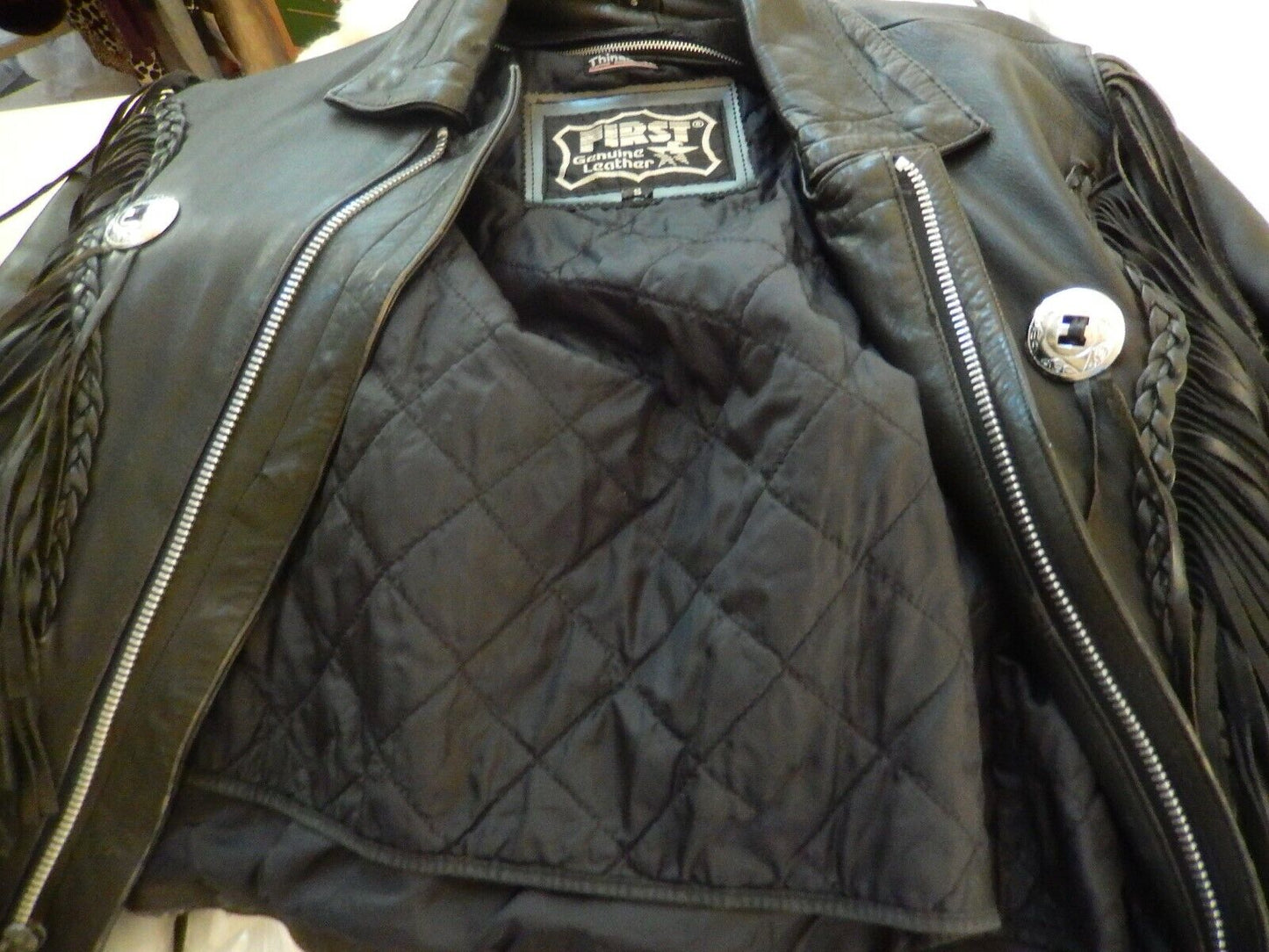 *VINTAGE* Mens Biker Motorcycle Black Heavy Leather Insulated Fringe Jacket Sz S