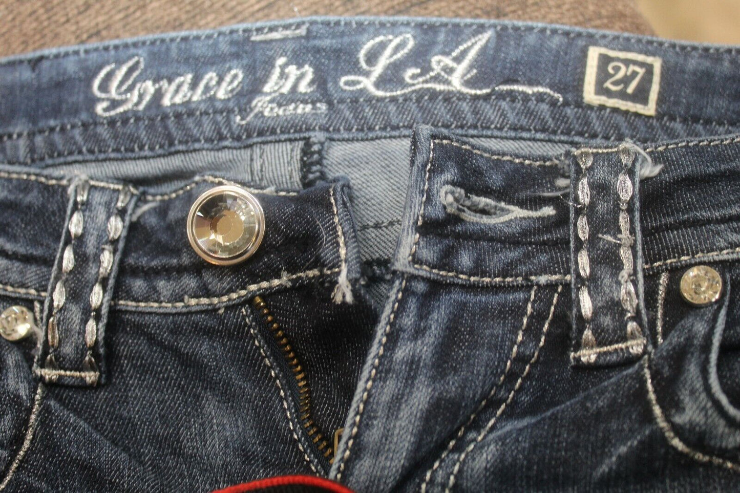Grace In LA Suuper Embellished Jeans Mid Rise Flap Easy Bootcut Sz 7 (27 x 33.5)