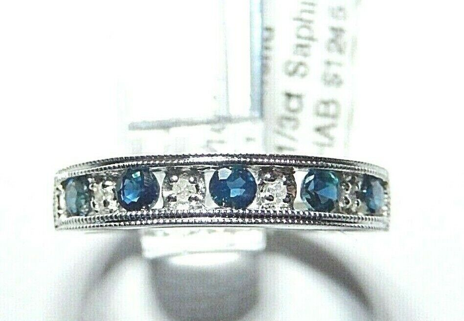 *NWT* 14K White Gold Channel-Set Natural Diamond & Sapphire Wedding Band Sz 5.25