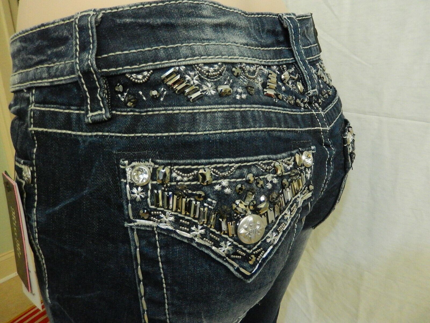 *NWT* Miss Me CUTE BLING Chloe Boot Cut Denim Dk Blue Jeans M3244B Size 26 X 34"