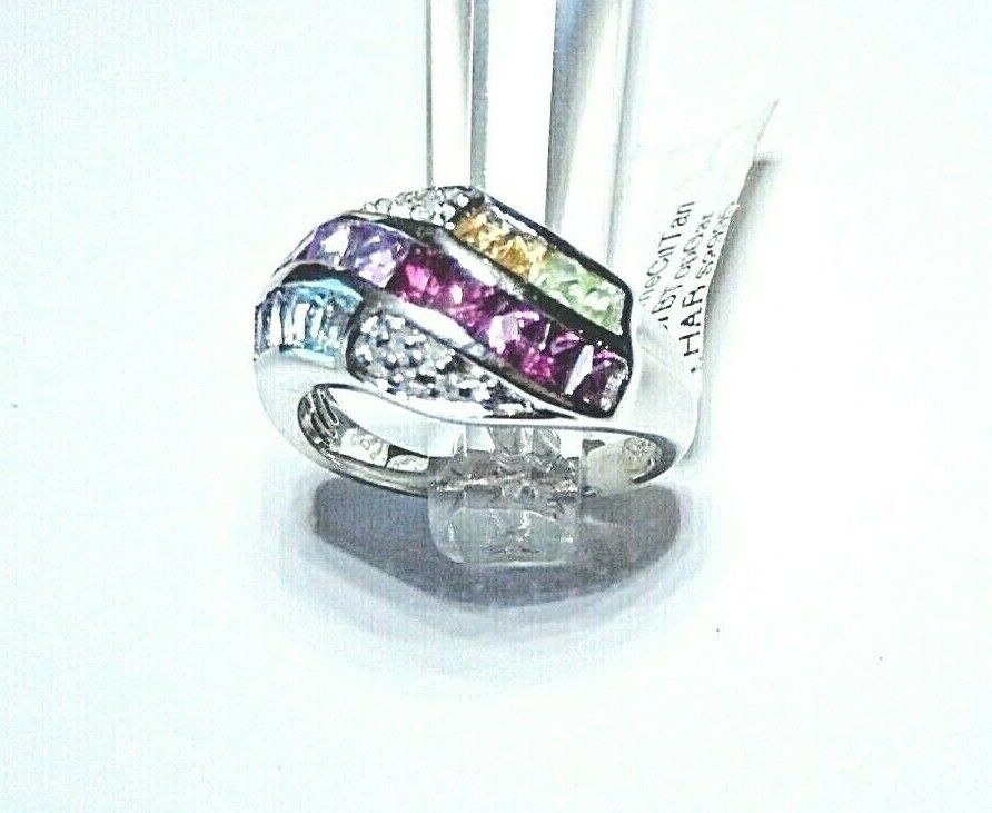 *NWT* 14K White Gold 11mm Wide Multi Gemstone & Diamond Ladies Ring Size 7