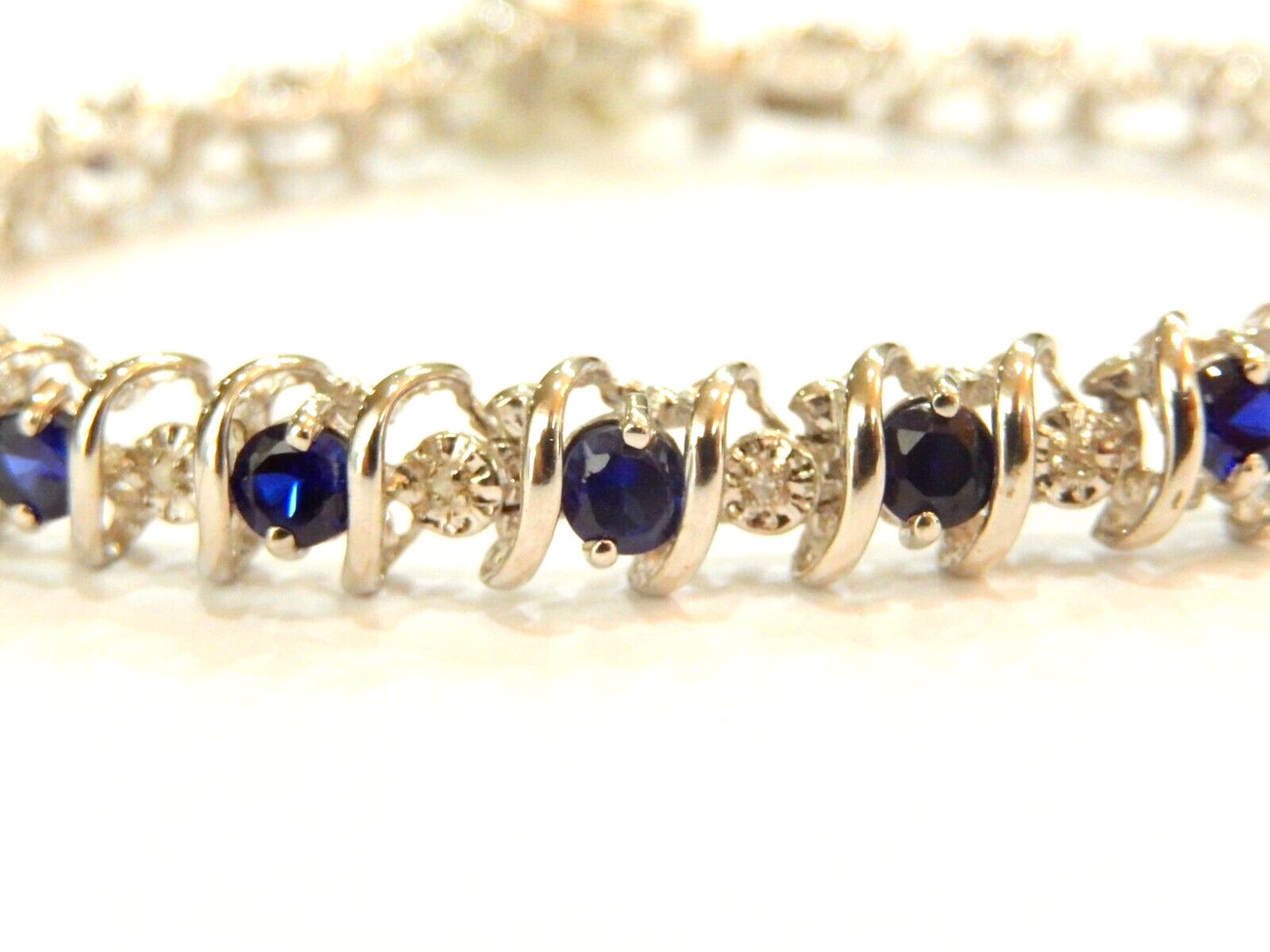 *NWT* 10K White Gold 3.50 CT Sapphire & Diamond 7.5mm 11.2gm "S" Bracelet 7"