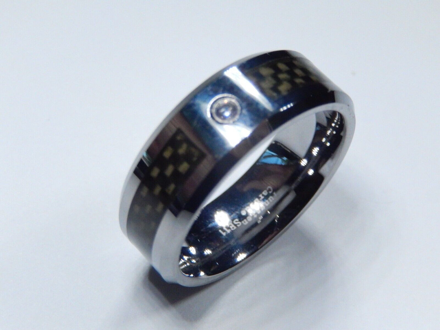 *NEW* 8mm Unisex Tungsten Carbon Fiber Comfort Fit Wedding Band CZ Ring Sz 13