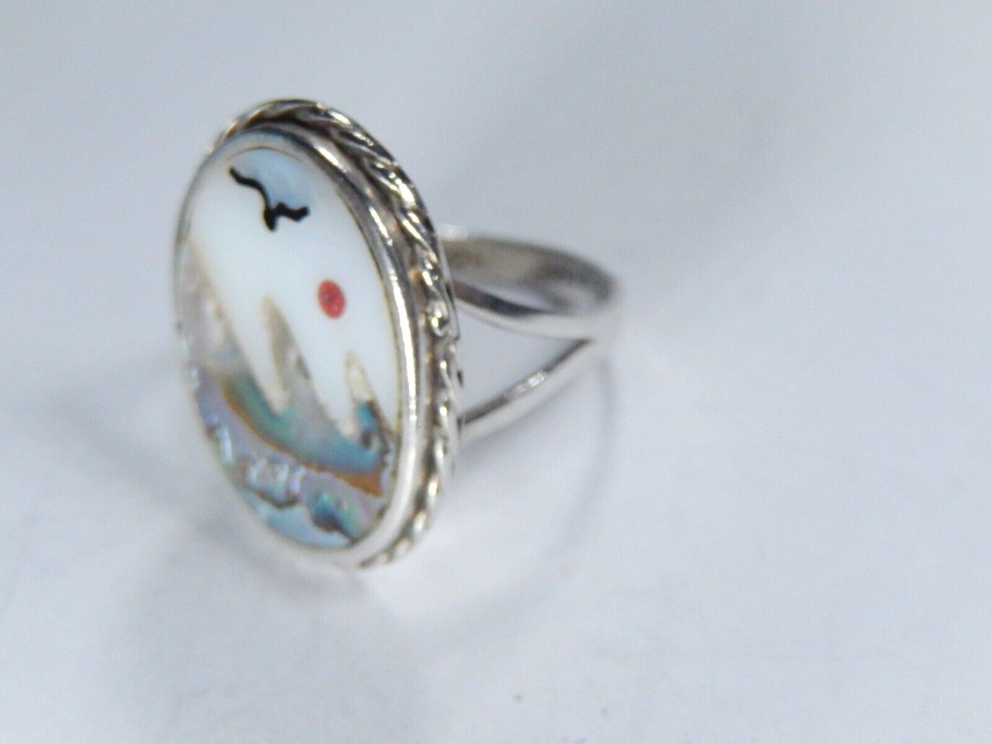 *VINTAGE*  Mexico 925 Sterling Silver Natural Abalone Outdoor Scene Ring Sz 5.5
