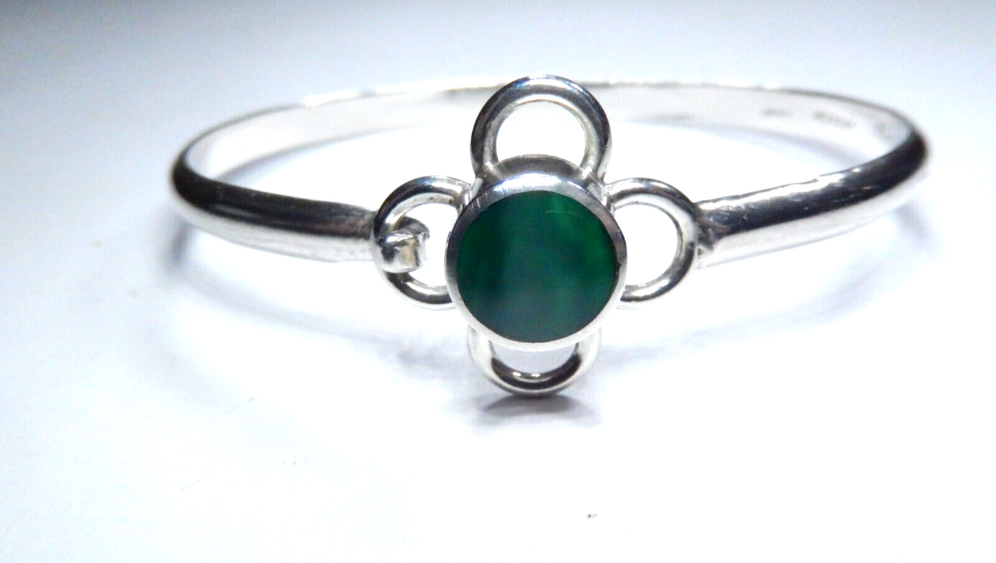Vintage Taxco Mexico Sterling Silver Malachite Hook Clasp Bangle Bracelet