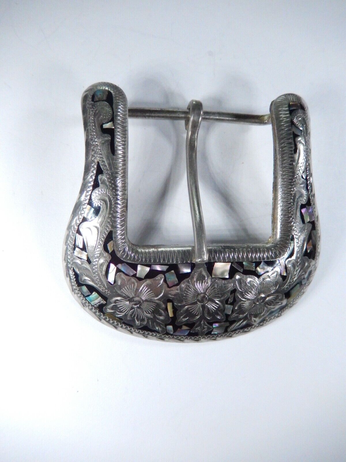 VINTAGE- ALPACA MEXICO SILVER ABALONE / MOTHER OF PEARL INLAY BELT BUCKLE 1-1/2"