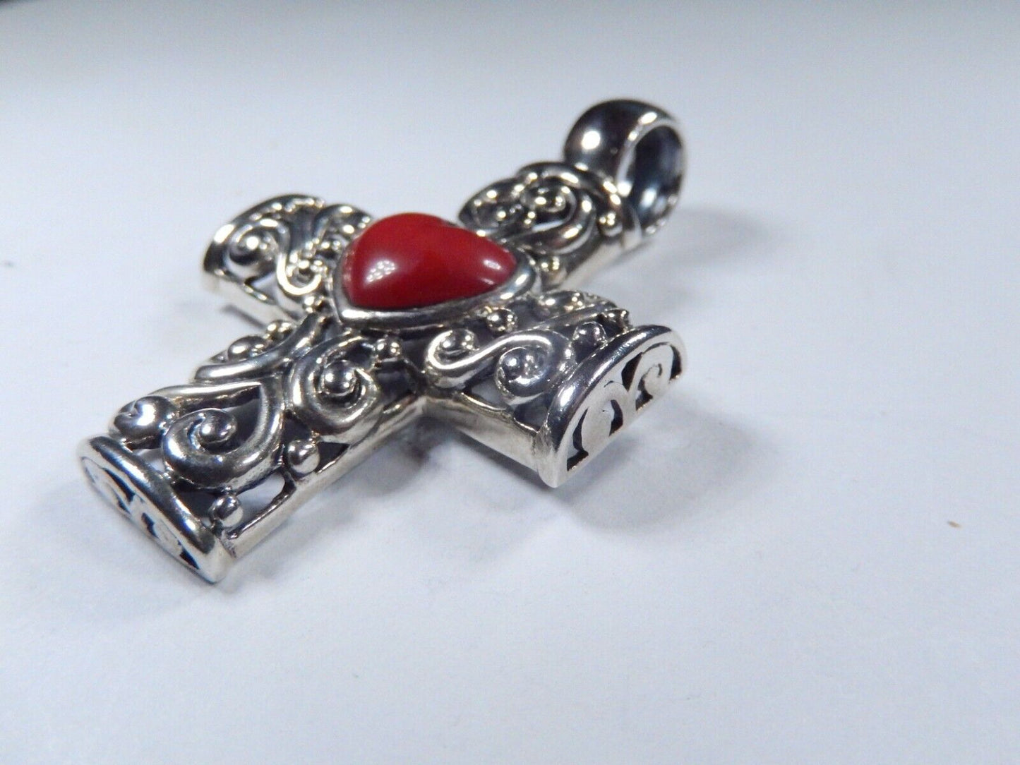 LARGE - Sterling Silver Filigree Cross Pendant with Red Coral Gemstone Heart