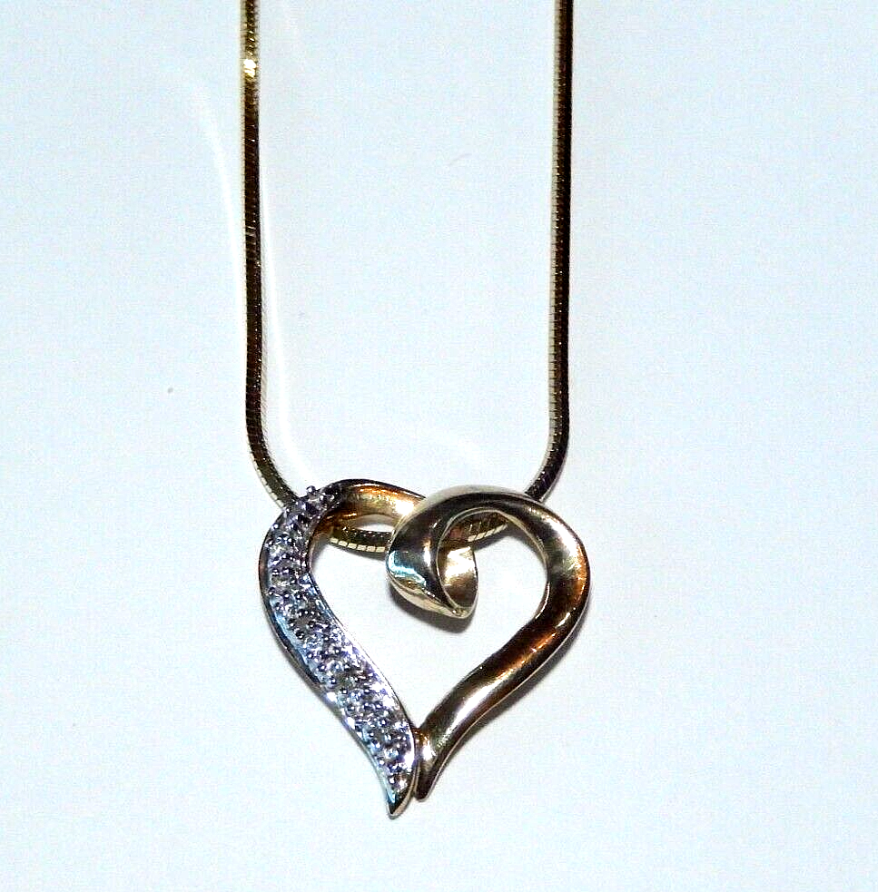 10K Yellow White Gold Floating Open Heart Pendant 5 Diamonds w 18 Chain