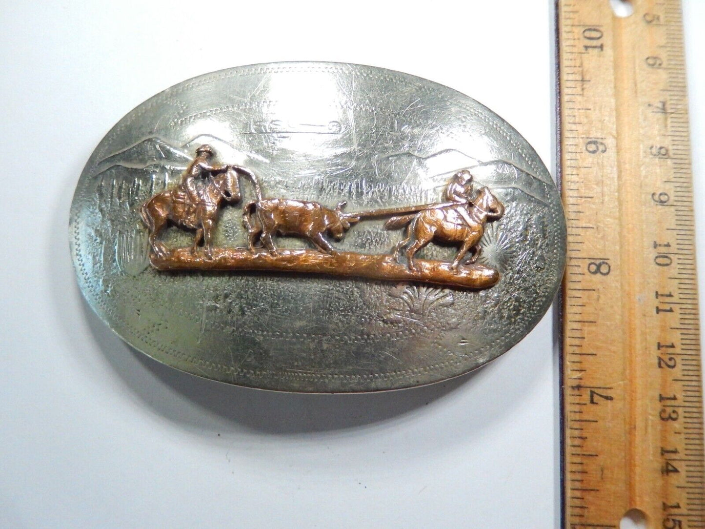 *VINTAGE* 60-70's COMSTOCK  SOLID GERMAN SILVER Team Roping Belt Buckle 4"x2.5"