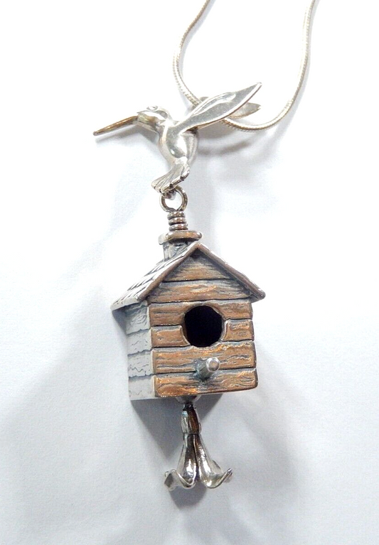 *VINTAGE*  Sterling Silver 3D Humming Bird w/ House and Moveable Bell w/24"chain