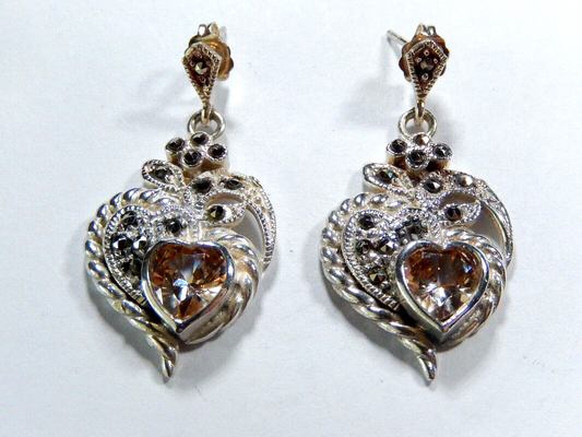 *VINTAGE*  Sterling Silver Real Marcasite & Citrine Heart Dangling Earrings