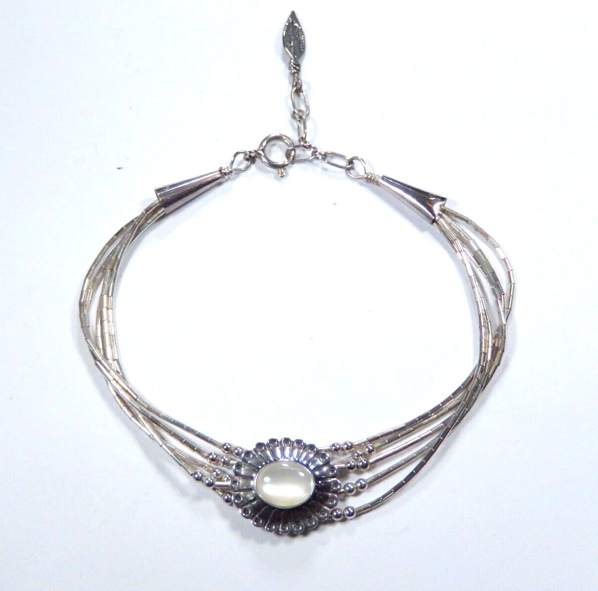 VTG Native American Liquid Sterling Silver Moonstone Bead 65Strand Bracelet 7-8"