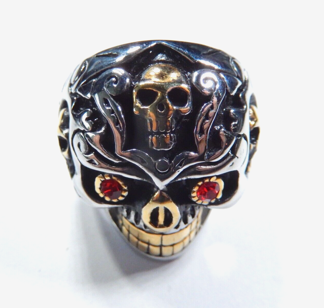 Men's Stainless Steel Skull Ring Gold Skulls and Red Eyes Size 13.5