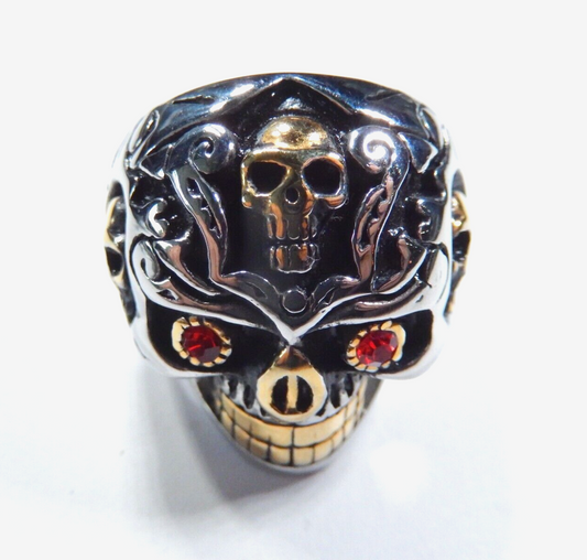 Men's Stainless Steel Skull Ring Gold Skulls and Red Eyes Size 13.5