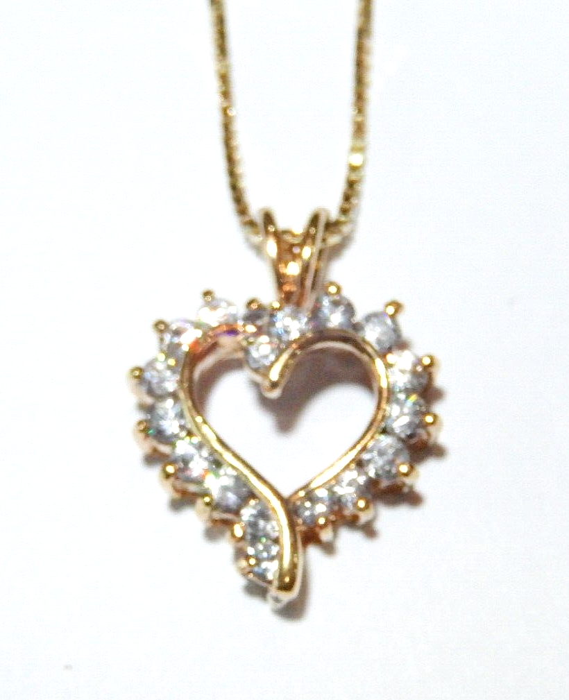 NWT 100CT Gold Vermeil Open Heart Cubic Zirconia Pendant w 18 Vermeil Chain