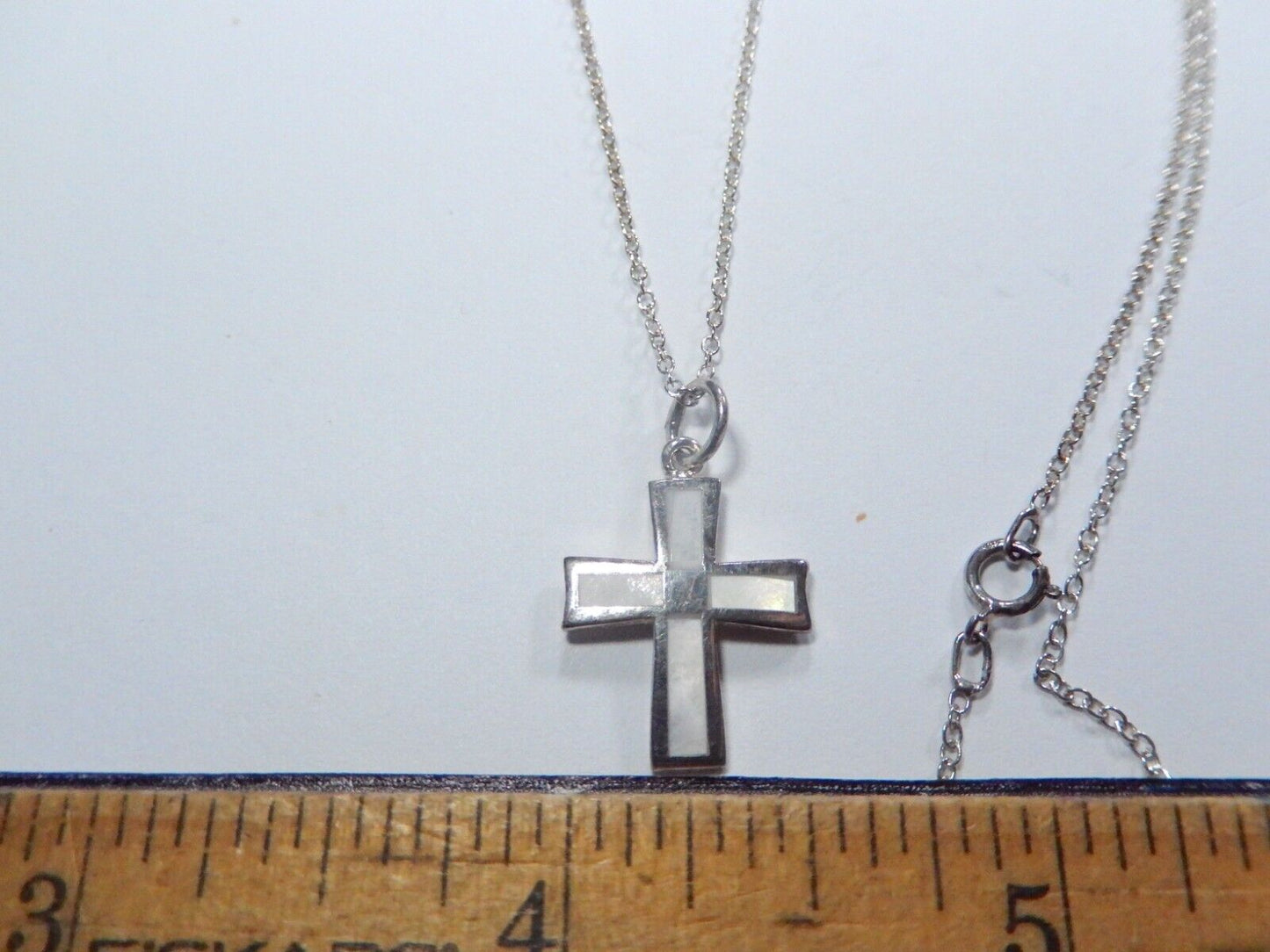 *VINTAGE* Sterling Silver Mother of Pearl Cross Necklace w/ 925 Italy  18"Chain
