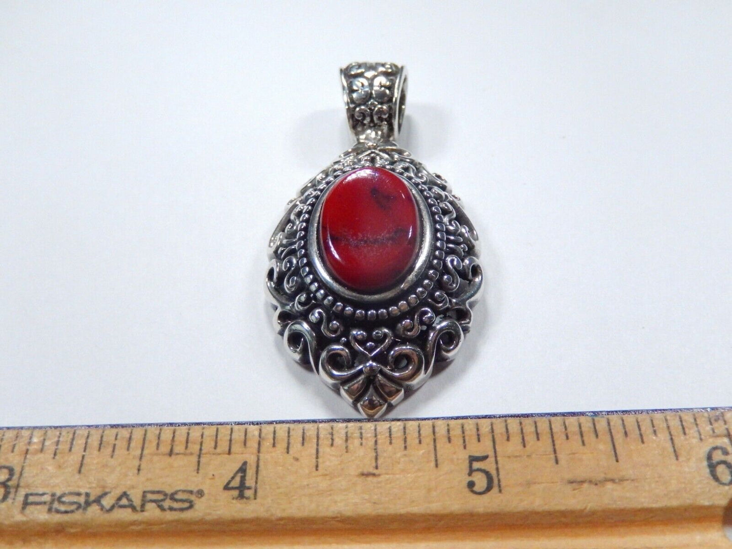VINTAGE MEXICO - Large Red Jasper Sterling Silver Filigree Pendant w/Large Bail