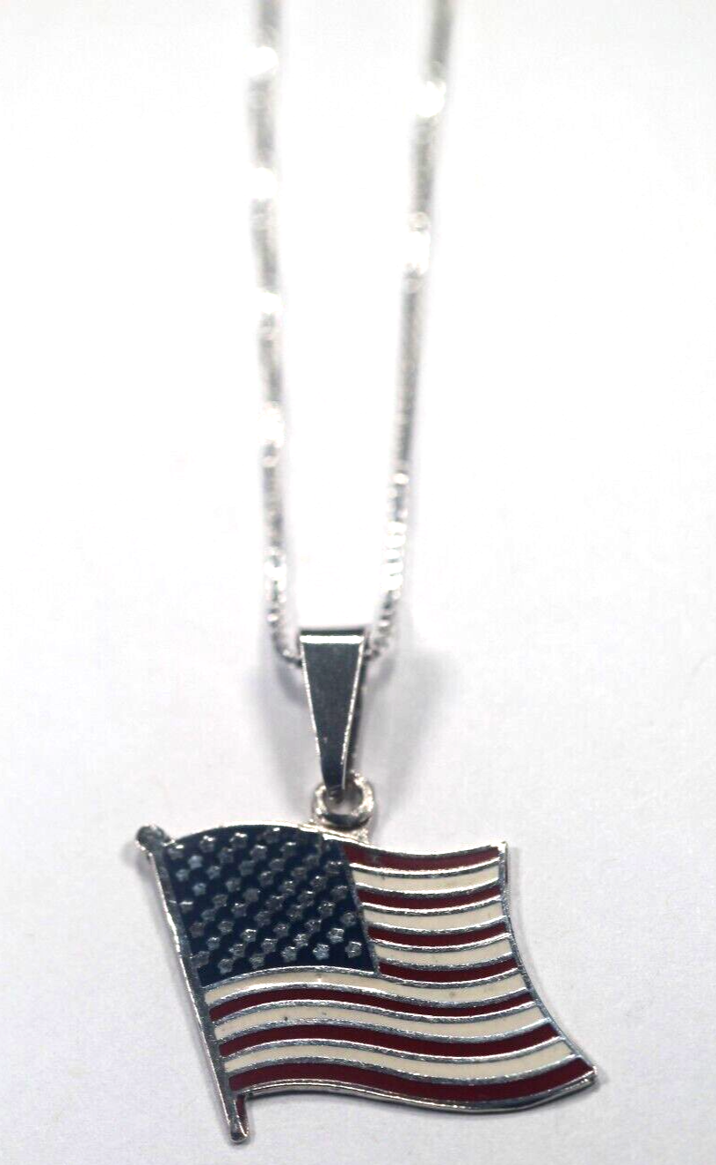 *VINTAGE* 925 Pendant Flag American Pendant Enamel Sterling Silver w/20" Chain