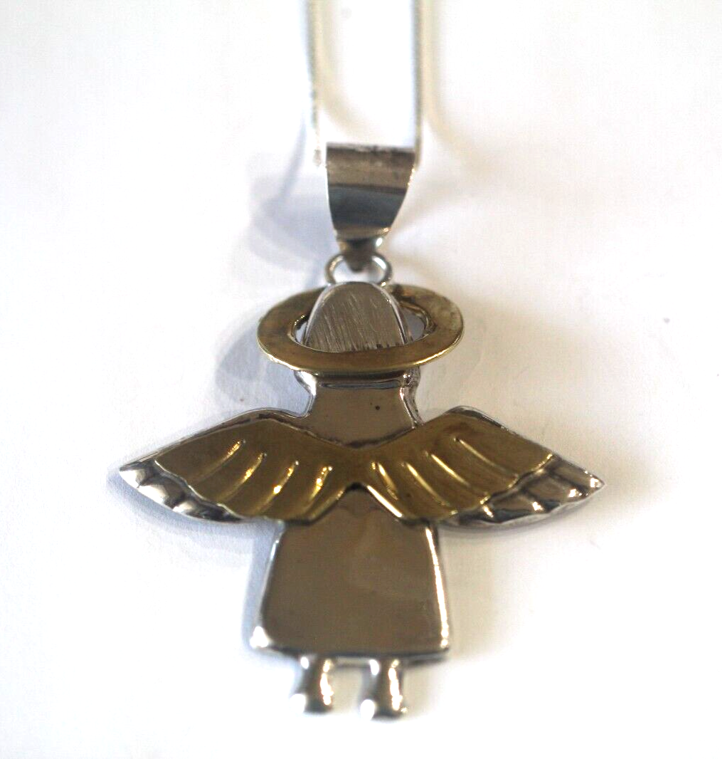 *VINTAGE* LARGE Angel Pendant  Stamped 925 Silver & Brass Taxco Mexico w/18" Cha