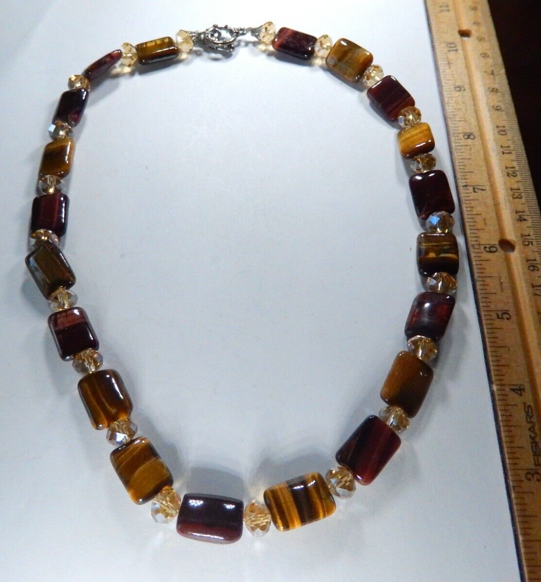 *VINTAGE*  Genuine Tigers Eye Bead Necklace With Crystal Bead Spacers 20" Length