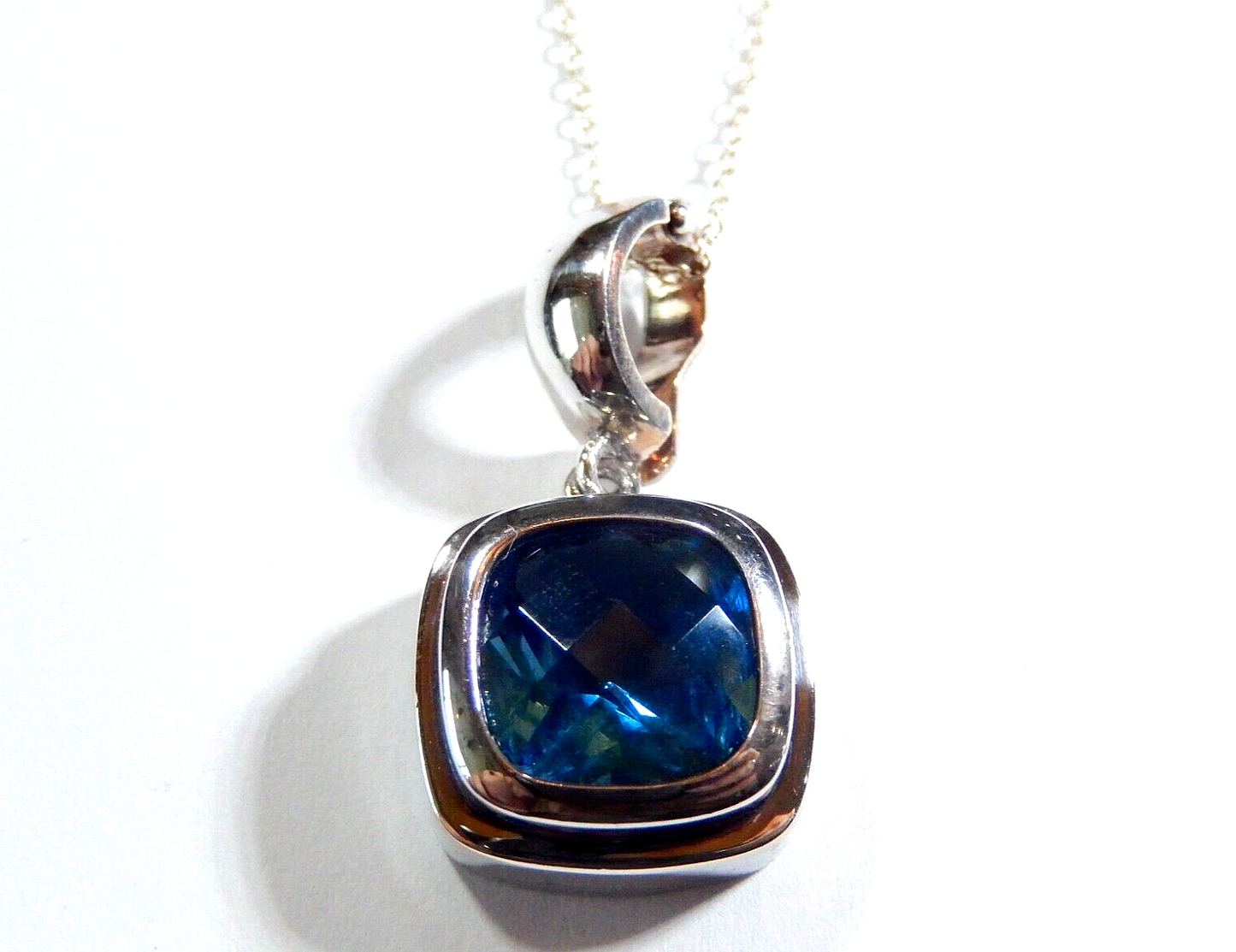 Sterling Silver 60 CT Cushion Shaped Blue Topaz Pearl Enhancer Pendant w18chn