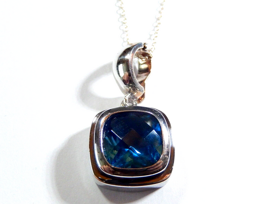 Sterling Silver 60 CT Cushion Shaped Blue Topaz Pearl Enhancer Pendant w18chn