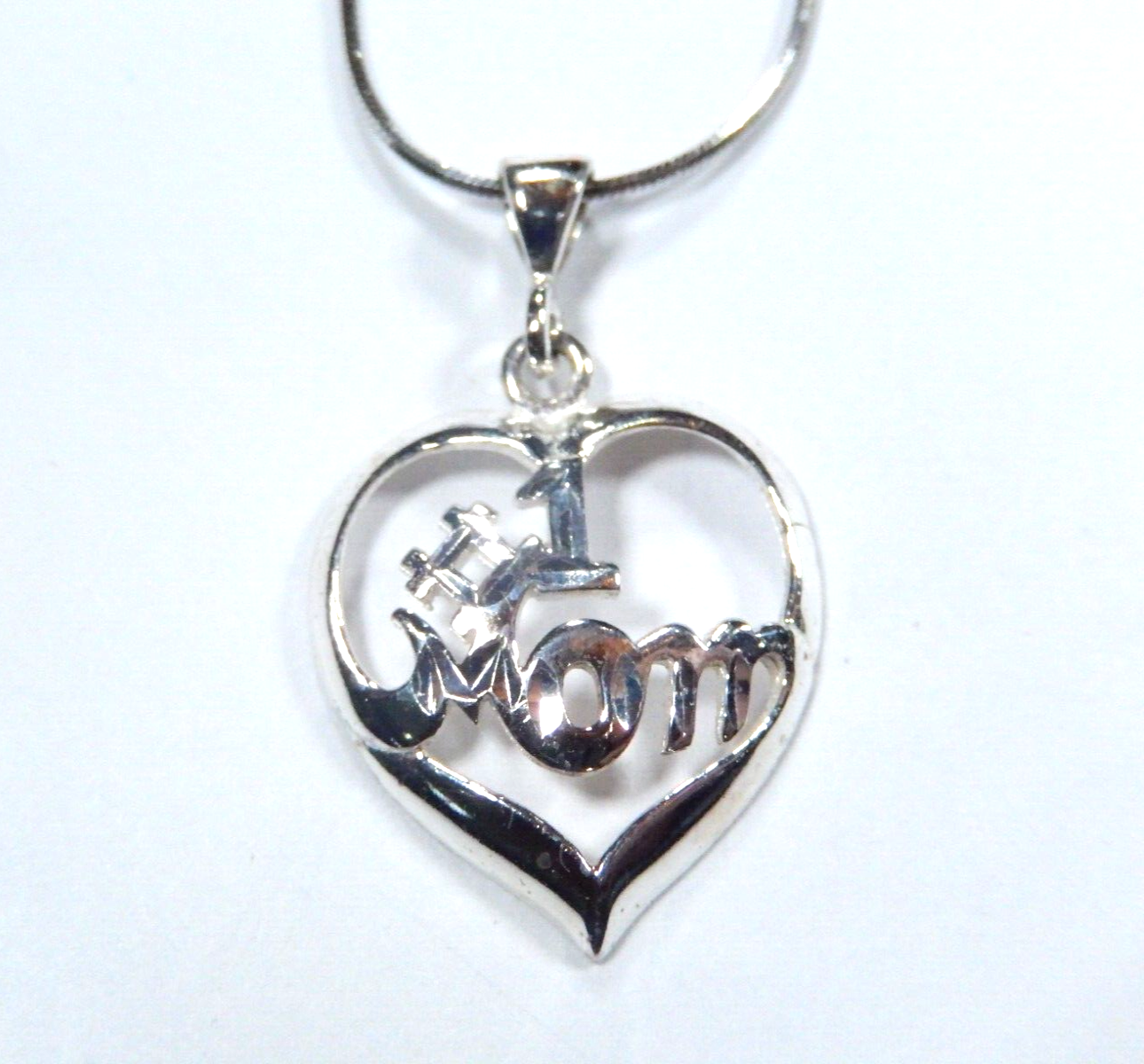 Sterling Silver #1 Mom Heart Pendant w/ 18" Sterling Snake Chain