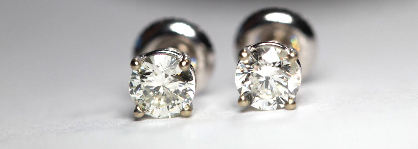 New! 14K White Gold .93 CT TW Natural Diamond  Screw Back Stud Earrings