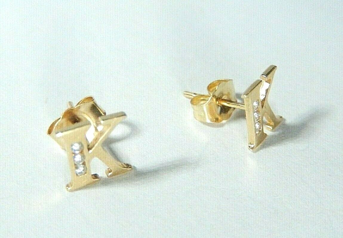 10K Yellow Gold  Initial Letter K Diamond Ear Stud Earrings