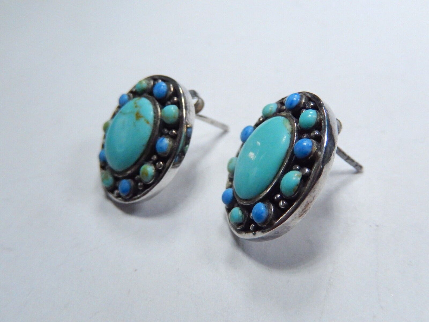 *VINTAGE* Southwest Sterling Silver Turquoise & Lapis Post Earrings 3/4" x 5/8"