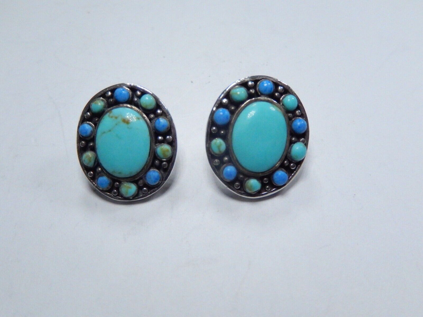*VINTAGE* Southwest Sterling Silver Turquoise & Lapis Post Earrings 3/4" x 5/8"