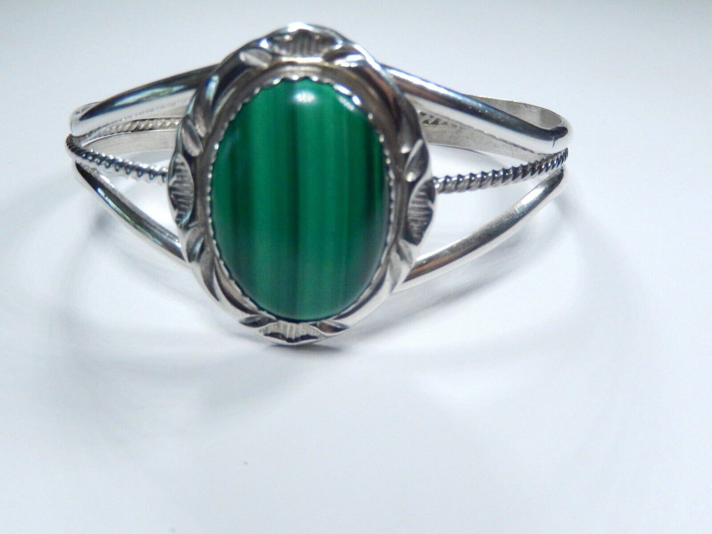 Native American Navajo Sterling Silver Malachite Cuff Bracelet Signed HT