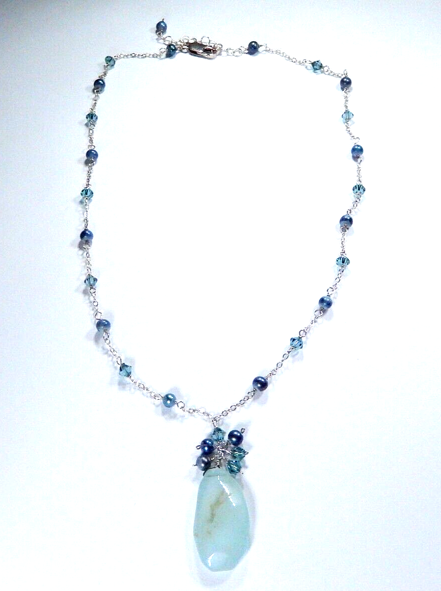*VINTAGE*  Sterling Silver JADE-PEARL-BLUE CRYSTAL Beaded Necklace 18" Length