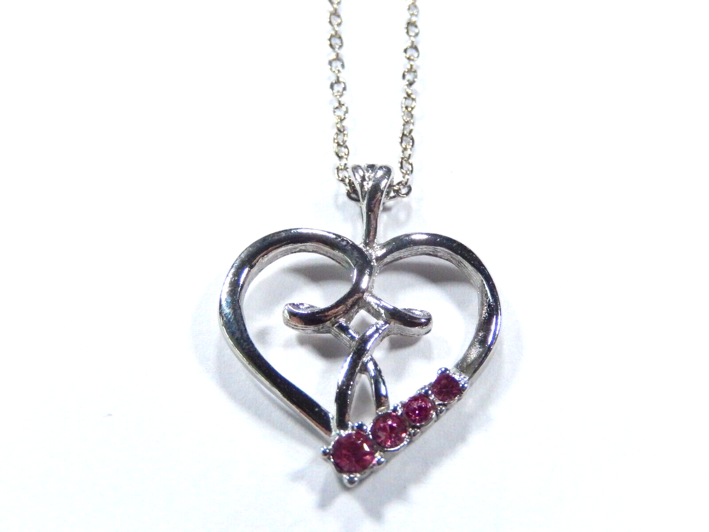 SILVERTONE 18" CHAIN NECKLACE With CAMCO SIGNED HEART Pendant Pink Gemstone.