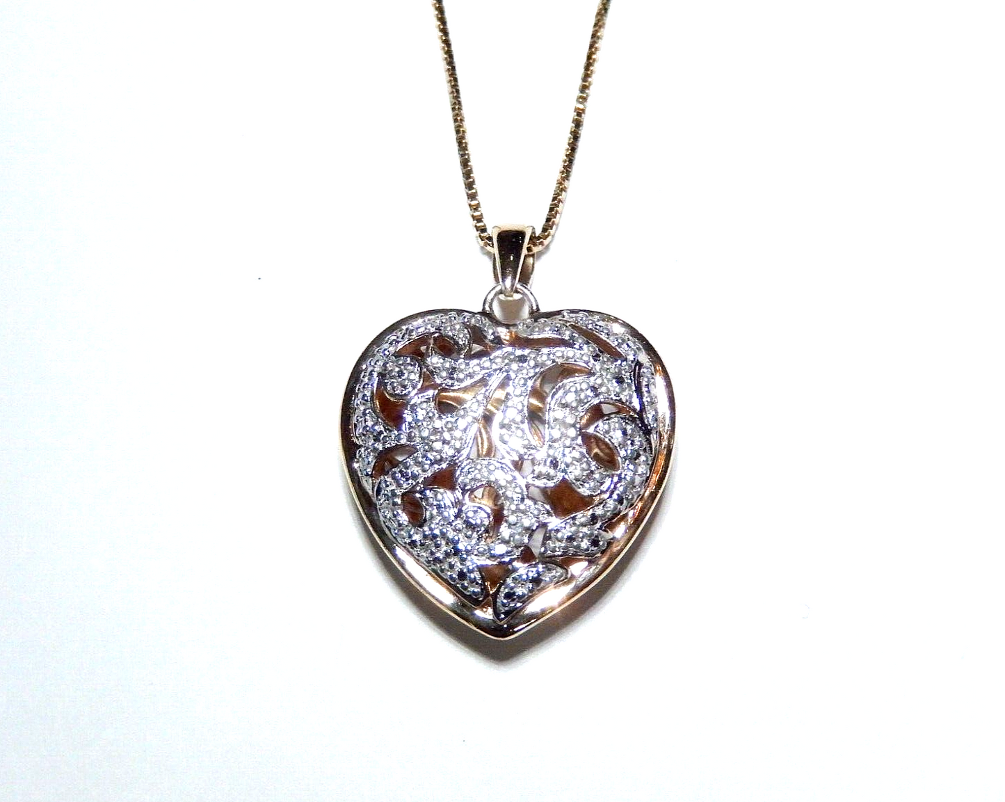 VINTAGE Gold Vermeil 925 Filigree Puffed Heart Diamond Pendant w18 Chain