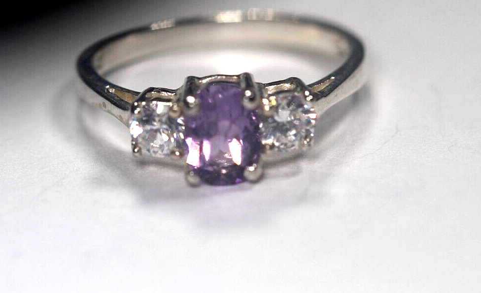 Oval Shape 925 Sterling Silver 9mm x 7mm Amethyst w/Side Accents Women Ring Sz 7