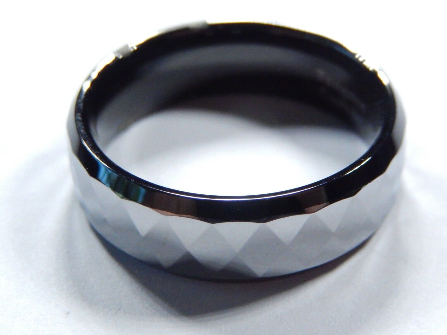 *NEW* Tungsten Carbide 8mm Faceted Silver Top & Black Comfort Fit Inside Sz - 13