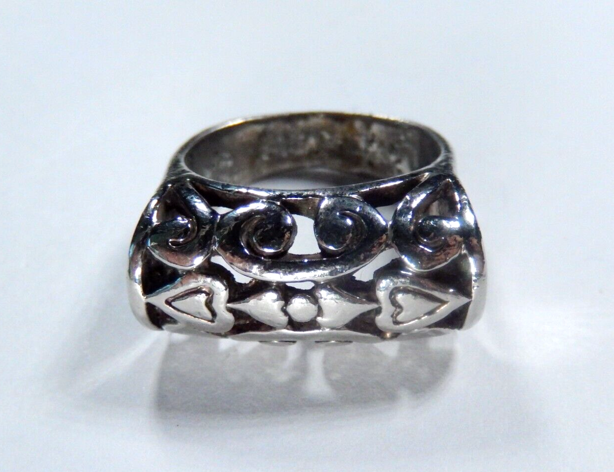 Vintage Sterling Silver 925 Domed Filigree Hearts Ring Size 6.5
