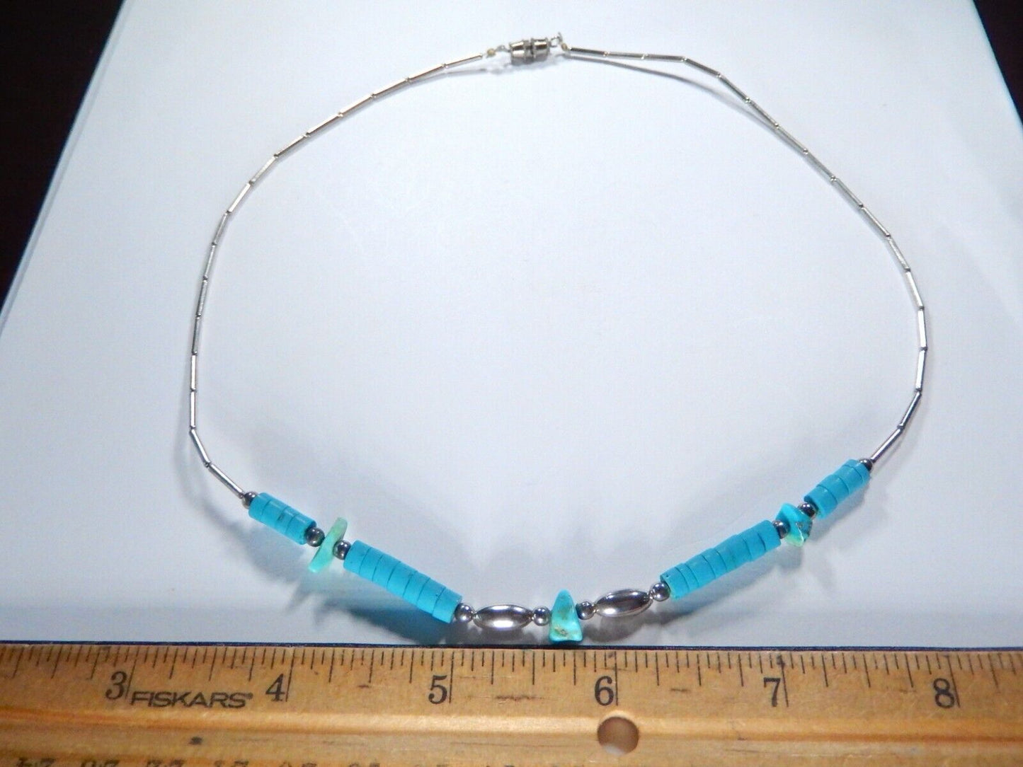 VTG Native American Liquid Sterling Silver Heishi Bead Turquoise Nugget Necklace