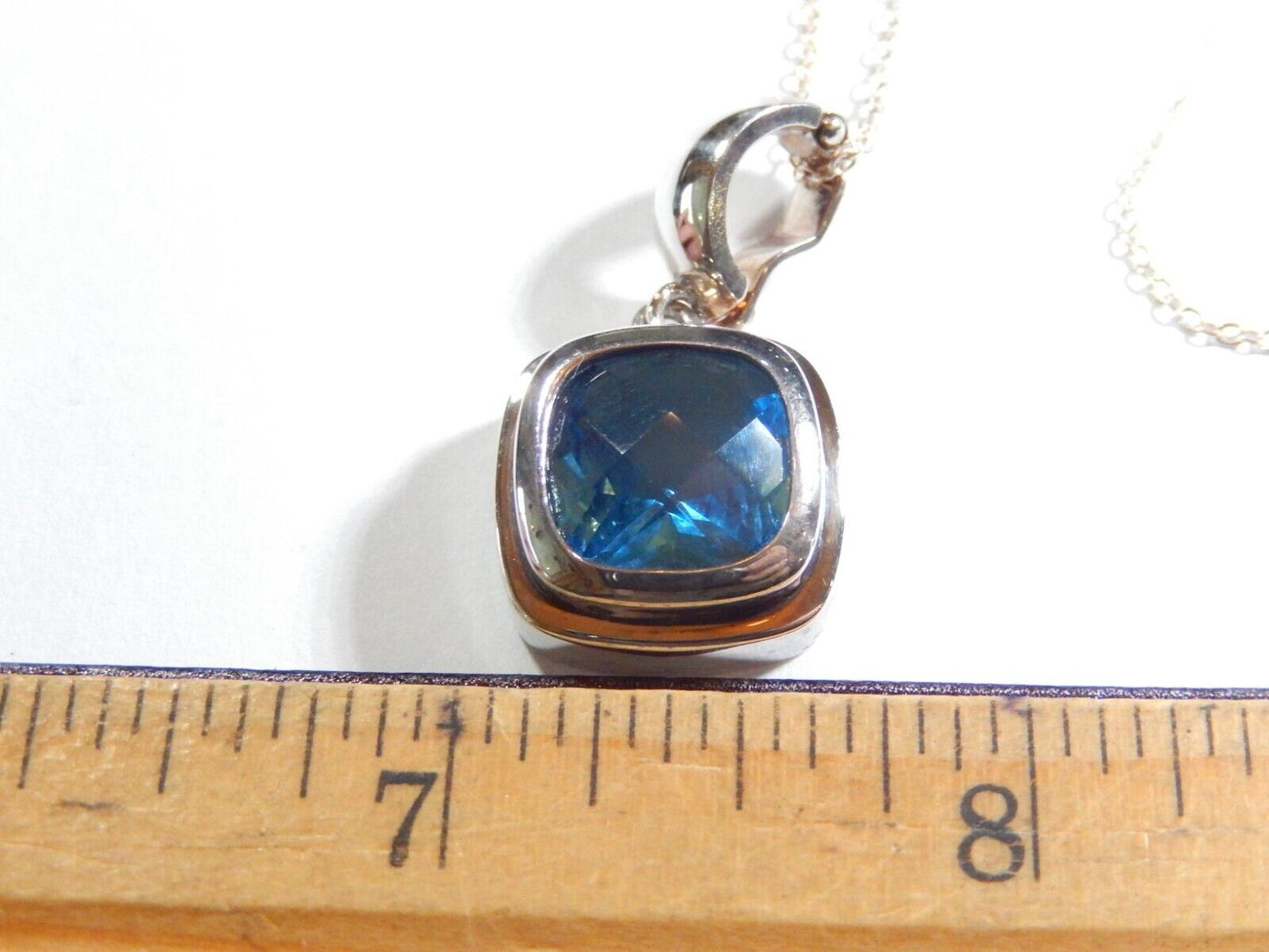 Sterling Silver 60 CT Cushion Shaped Blue Topaz Pearl Enhancer Pendant w18chn