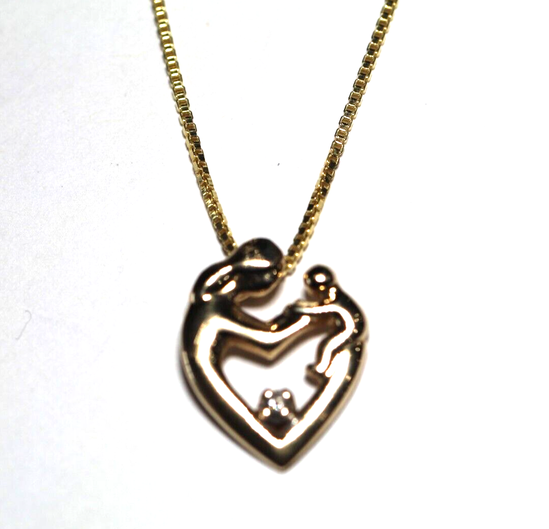 Solid 14K Yellow Gold .03ct Diamond Mother & Child Pendant w/ 20" Vermeil Chain